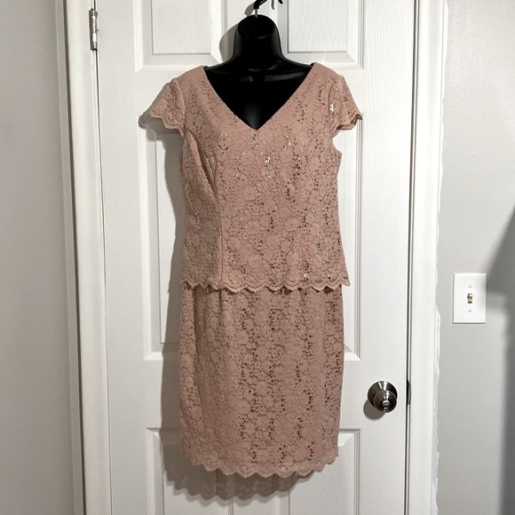 Alex Evenings Dresses & Skirts - Petite Alex Evenings Pink Sequin and Lace Cap Sleeve Layered Midi Dress Sz 12P